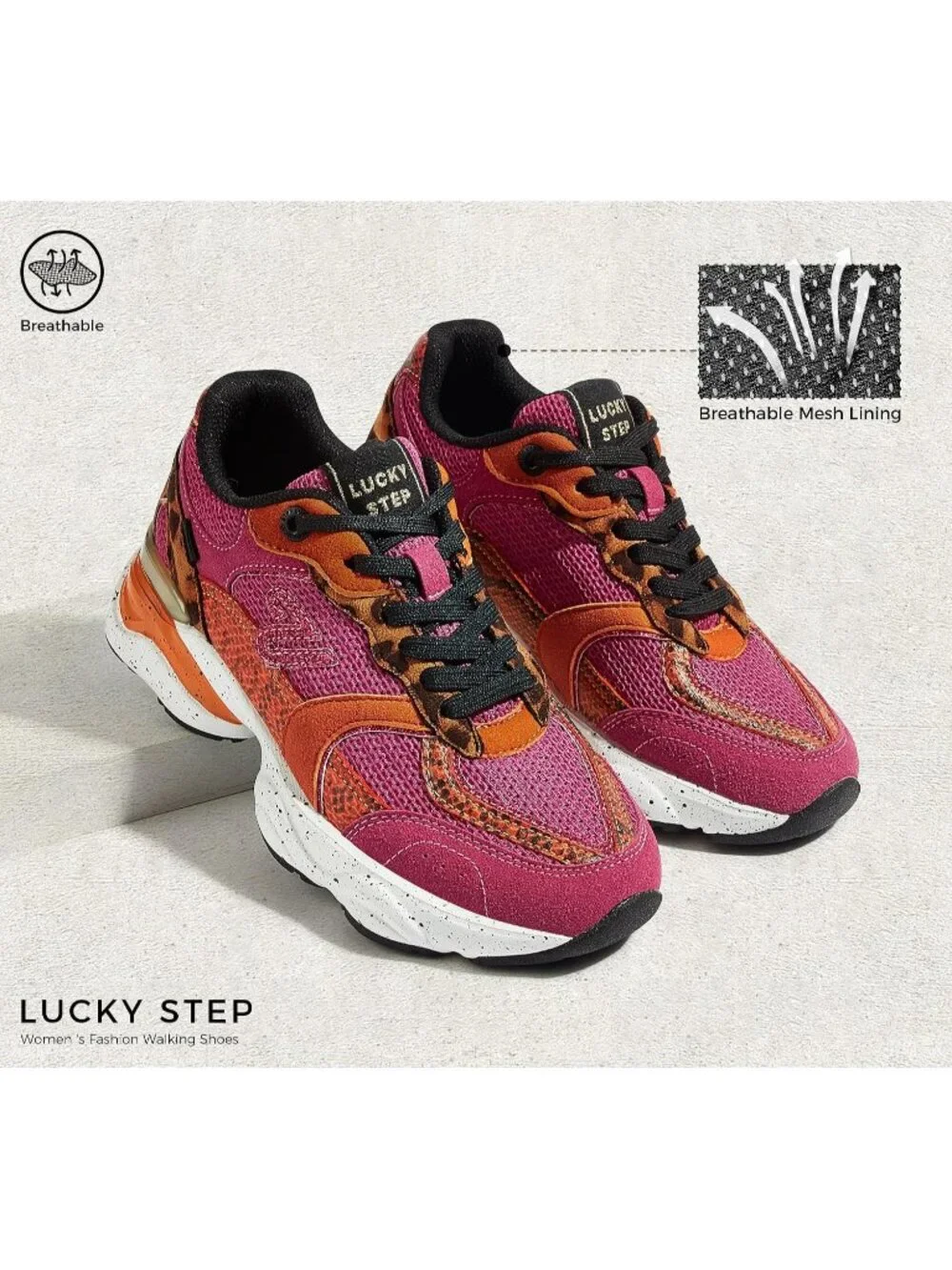 Women's Fuchsia Lightweight Non Slip Chunky Color Block Fashion Sneakers